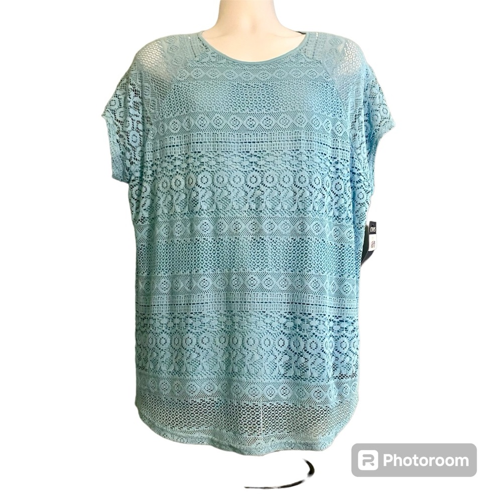 NWT Chaps Dream Lake Light Blue Crochet Lace Short Sleeve Lined Top Sz 2X